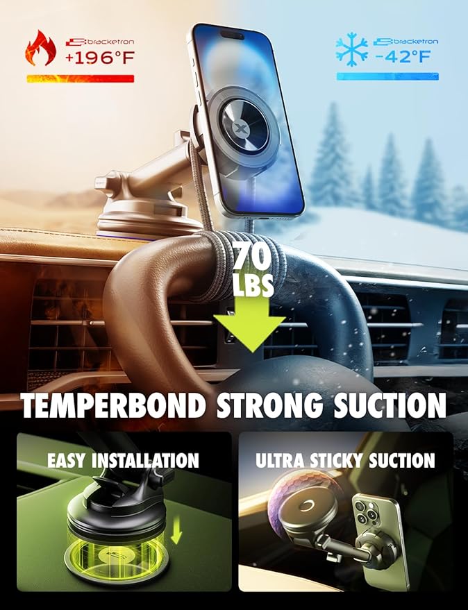 Bracketron MagSafe Car Mount,MagAlign Max Magnetic Phone Holder for Car Windshield & Dashboard,360 Vacuum Suction Magnetic Car Phone Holder for iPhone 17 Pro Max 16 15 14 13 - MagSafe Car Accessories