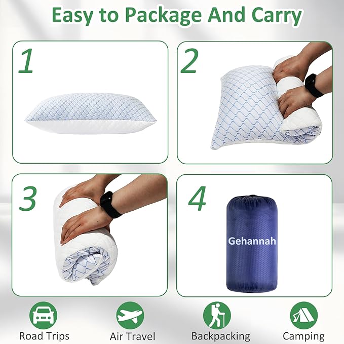 Gehannah Travel Pillow - Large 1 Pack Compressible Camping Pillow for Sleeping - Shredded Memory Foam with 1 Storage Bags - Supportive for Adults, Kids, Outdoor, Backpacking, Hiking Gear