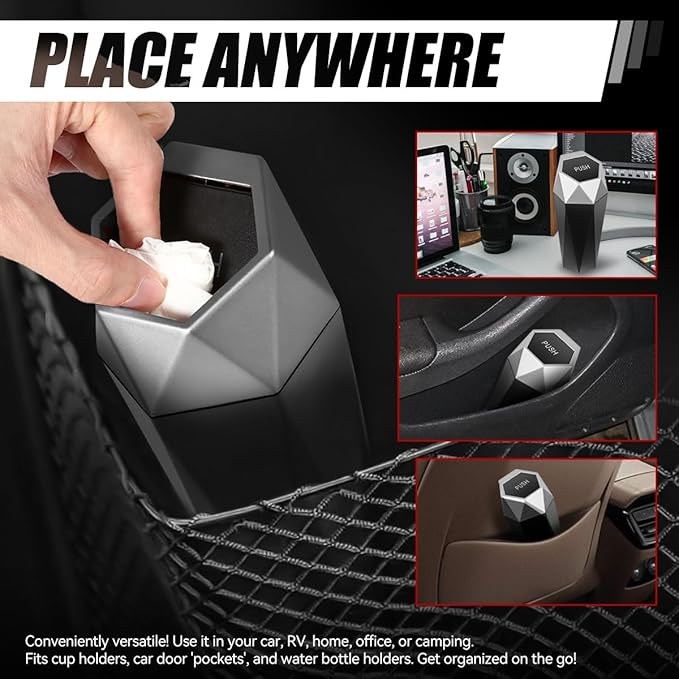 Auto Dynasty Car Trash Can with Lid, Compact 3" Garbage Bins Bottle Holder, 0.5L Capacity Car Interior Storage Organizer Container for Home Office, Silver
