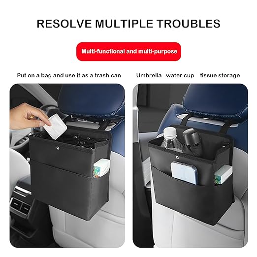 Foldable Car Trash Can, Hanging Car Garbage Can for Back Seat and Front Seat, Leather Automotive Garbage Organizer Bin for SUVs, Vans, and Trucks (No Garbage Bag)