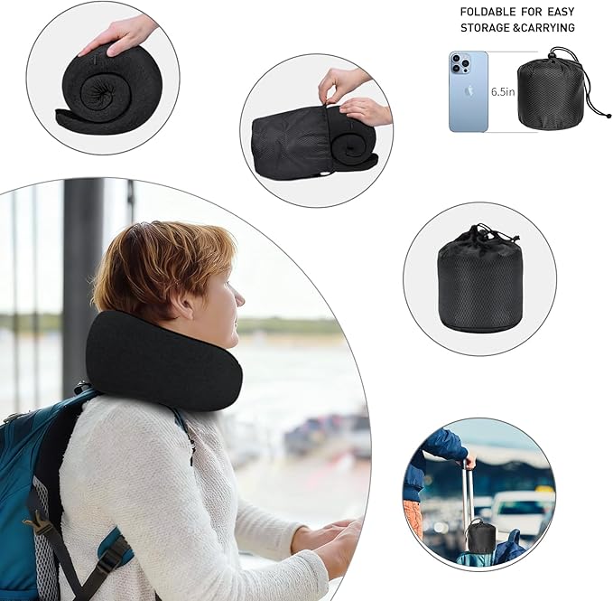 Neck Travel Pillows for Airplanes Memory Foam Neck Comfort Pillow Compact Ergonomic Design Sleeping Essentials for Long Flights Car Rides and Home Use (Black)