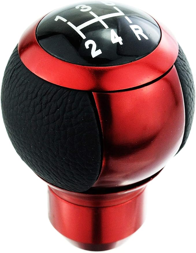 Lunsom 5 Speed Shifter Head Knob Leather Ball Gear Shift Stick Lever Handle Fit Most Manual Transmission Car (Red)