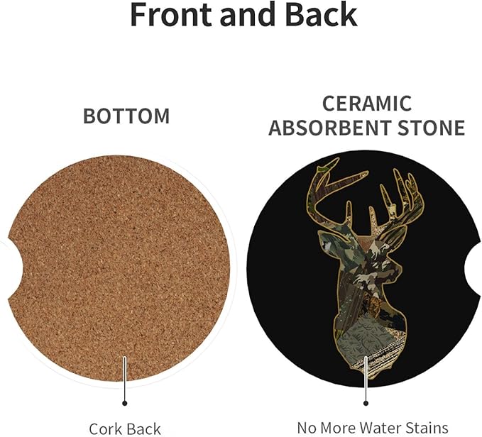 Car Coasters for Cup Holders, 2 Pack Absorbent Ceramic Anti Slip Universal Car Interior Accessories 2.56 Inch Cup Coaster for Women Men - Camo Deer