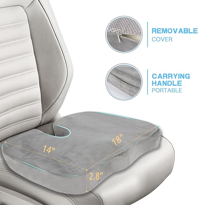 Wheelchair Seat Cushion with Memory Foam - Relieves Sciatica, Back & Tailbone Pain, Pressure Relief Design for Comfort & Posture Support, Non-Slip Bottom, 18"x14"x2.8" (Grey)