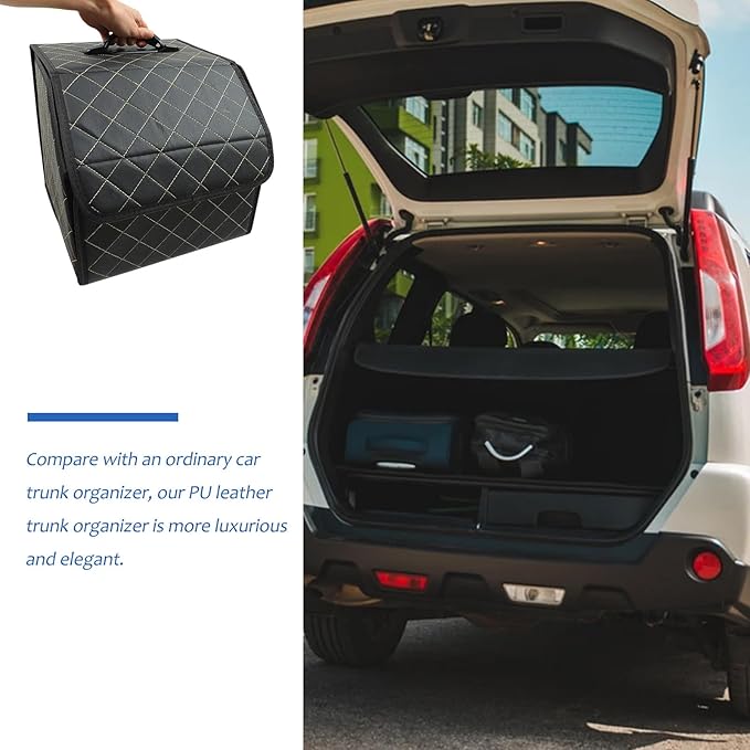 Car Trunk Leather Organizer Small Foldable Vehicle Trunk Storage Box with Grid Pattern Thread for SUV and Sedan Cargo Management
