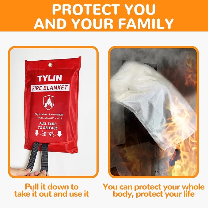 TYLIN Emergency Fire Blanket for Home & Kitchen 40” x 40” - 2 Pack, High Heat Resistant Fire Suppression Blankets for Home Safety, Kitchen, and Camping Fiberglass Welding (2)