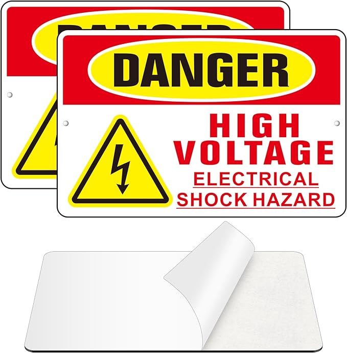 Danger High Voltage Sign, (2 Pack) Self Adhesive Aluminum Metal Electrial Shock Hazard Signs for Indoor Outdoor Use, Rust Free and Reflective Sticker (9 x 6 inches, Red/Yellow)