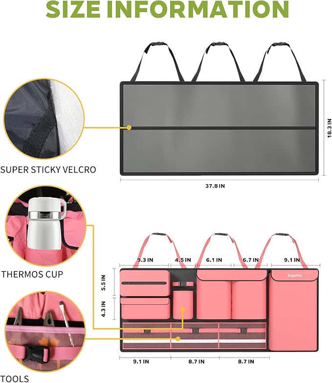 Backseat Hanging Trunk Organizer for SUVs, Cars, Trucks & MPVs | Multi-Pocket Storage with Anti-Slip Straps | Space-Saving Auto Accessory | Gift for Men & Women | Pink, 37.8" x 18.1" - K230