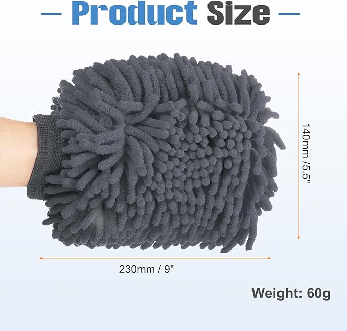 HARFINGTON Chenille Microfiber Car Wash Mitts 9" x 5.5" Scratch Free Wash Gloves Absorbent Double Sided Plush Cleaning Drying Mitts for Car Washing Home Clean Grey