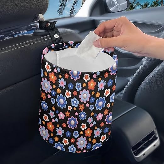 Groovy Hippie Flower Collapsible Trash Can for Cars, Family Gatherings, Camping - Easy to Clean Car Garbage Accessory