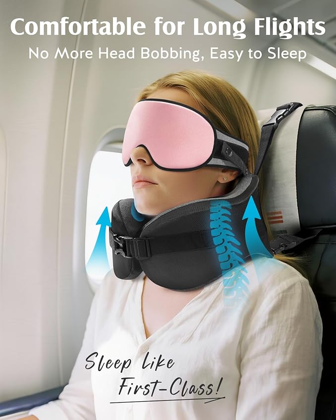 YFONG Travel Pillow for Long Flight Airplanes, Head Strap Combo with 3D Contoured Eye Mask for Sleep, Neck Pillow for Car Trip Essential, 360° Support Memory Foam Headrest, Prevent Head Bobbing, Pink