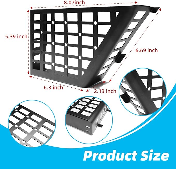 1 Pair Aluminum Rear Door Storage Pockets for 2007-2018 Jeep Wrangler JK JKU - Black Organizer with Tool-Free Install, Anti-Rust Coating & Accessory Mount (Grid)