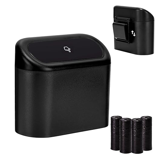 Ginsco Mini Car Trash Can with Lid, Small Car Garbage Can, Cute Leakproof ABS Car Trash Bin, Car Accessories for Interior, Garbage Bin for Car, Home, Office with 60pcs Trash Bags Black