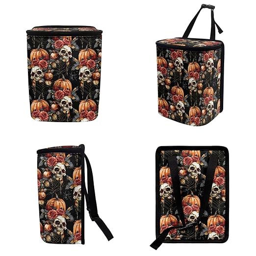 1.2 Gallons Car Trash Can, Halloween Skull Pumpkin Car Garbage Can for Back Seat, Leak-Proof Zipper Seal, Durable Polyester Material Washable, Ideal for Car Interior - Auto Garbage Solution