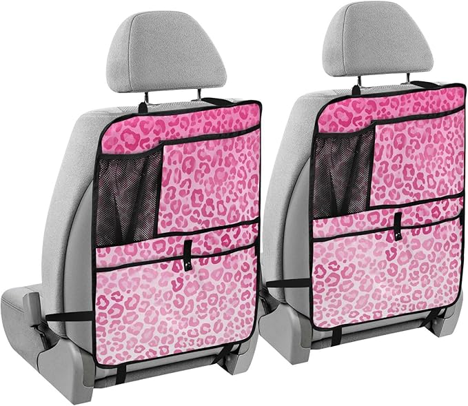 1 Pack Back Seat Car Organizer with Storage Pockets Kick Mats Back Seat Protector Hanging Car Organizer Automotive Seat Back Cover Organizers Gradient Pink Leopard Print