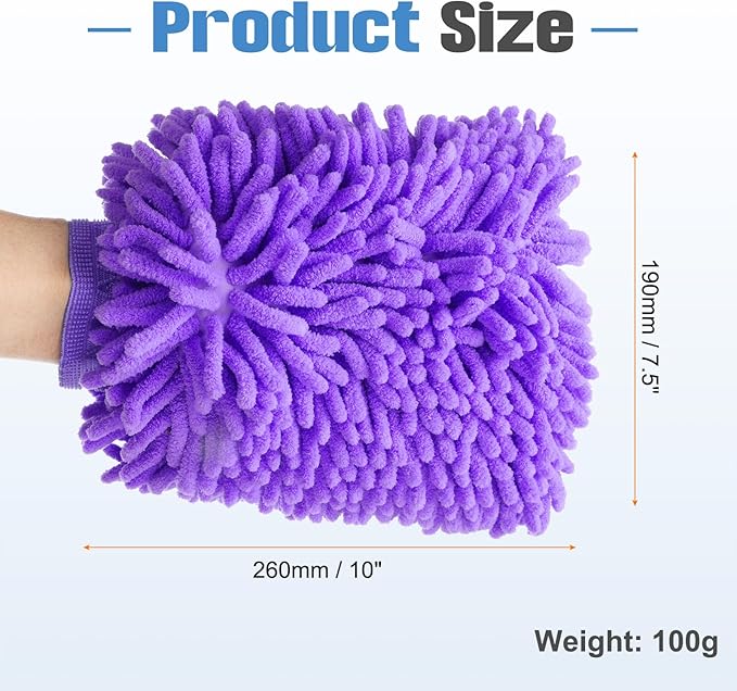 HARFINGTON Chenille Microfiber Car Wash Mitts 10" x 7.5" Scratch Free Wash Gloves Absorbent Double Sided Plush Cleaning Drying Mitts for Car Washing Home Clean Purple