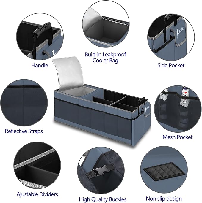 Trunk Organizer with Built-in Insulated Leak Proof Cooler Bag,Collapsible Cargo Organizer for SUV with Non Slip Bottom Strips,3 Large Compartments Foldable Waterproof Portable Car Storage Box XL