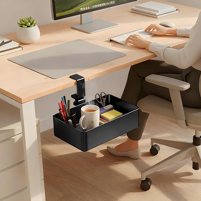 MYITYARD Under Desk Organizer, 360° Rotating Desk Cup Holder Clamp, Clamp on Drawer Under Desk Storage Organizer with Game Console, Phone, Cable Management for Office and Home (Rectangular)