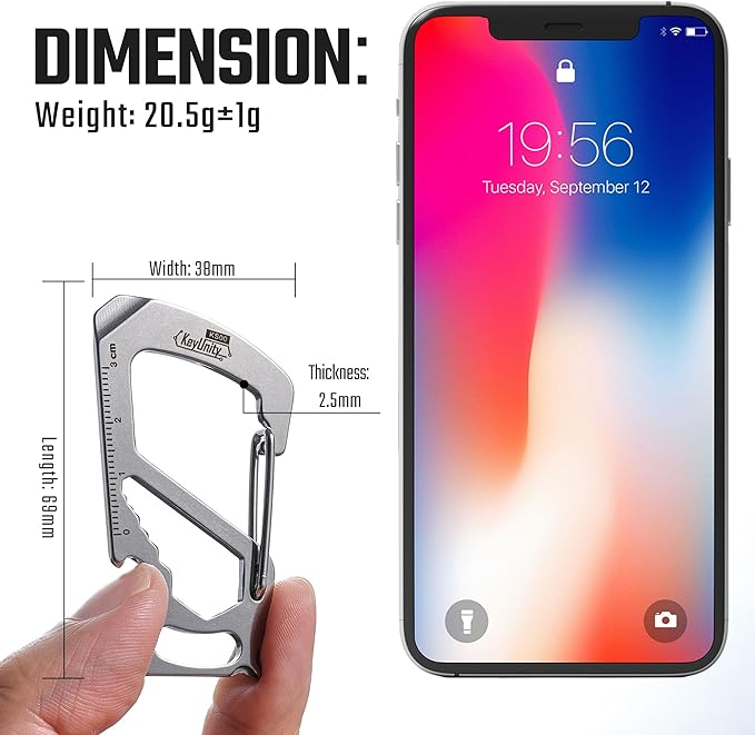KeyUnity KS00 Carabiner Clip Multitool Stainless Steel 7 Tools in 1, Quick Release Clasp, Wrench, Cross Screwdriver, Slotted Screwdriver, Bottle Opener, Ruler, Key Holder (Silver)
