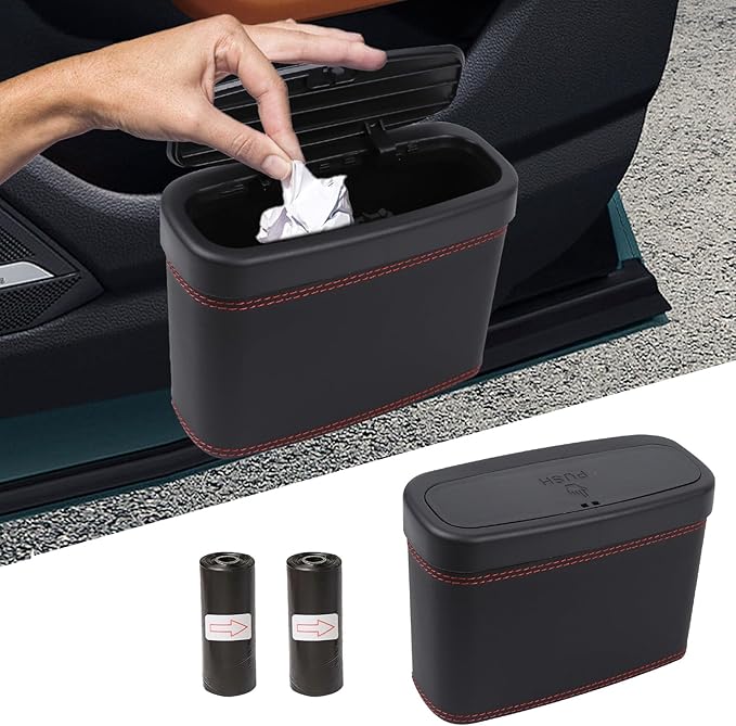 Wuyaoyao Car Trash Can with Lid, Leather Automotive Trash Bin with Garbage Bags, Leakproof Cars Door Hanging Garbage Can, Mini Multi-Purpose Vehicle Storage Organizer, Interior Car Accessories (Black)