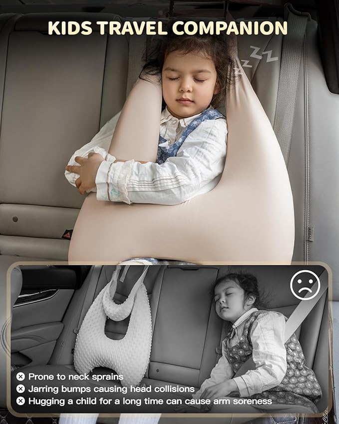 Memory Foam Kids Travel Pillow, Car Pillow for Kids, H-Shape Car Pillows for Sleeping, Removable Pillowcase, Adjustable, Porous Dots, Beige