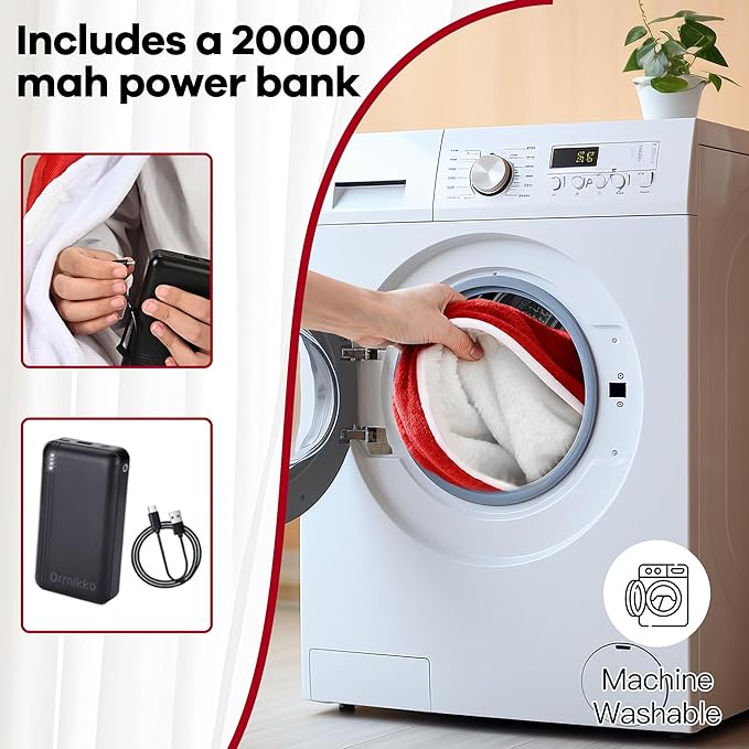 Wearable Heated Blanket with 20000mAh Power Bank, 11 Heating Zones, 3 Heat Levels, Timer, USB Powered, Machine Washable, for Camping, Office, Travel, Home Use (Christmas Red)