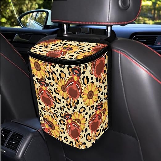 1.2 Gallons Car Garbage Can, Thanksgiving Turkey Car Trash Can Front Seat, Adjustable Hanging for Tail of Console/Back of Seat, Odor-Free with Zipper Leak-Proof Design, for Convenience