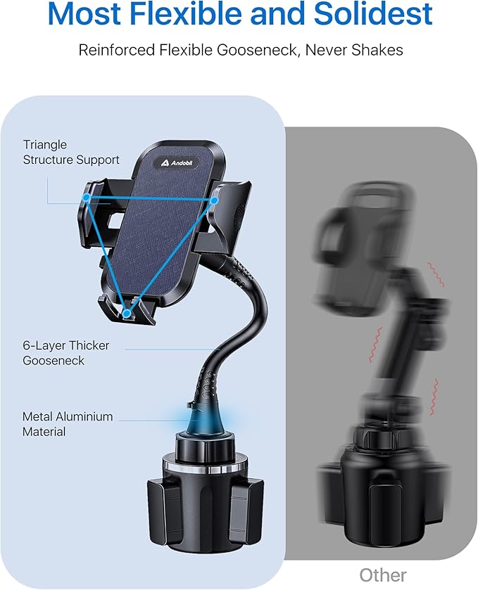 andobil Military-Grade Cup Phone Holder for Car/Truck, [2026 Enhanced] 13" 360° Adjustable Gooseneck w/Anti-Shake Car Mount, Universal Car Phone Holder for iPhone/Samsung All 4.0-7.0" Devices, Blue
