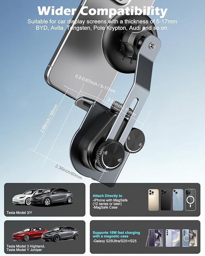 CloudValley Qi2 15W Wireless Charger Phone Mount for Tesla Model Y/3,【Extendable Metal Holder】 Compatible with iPhone MagSafe, Magnetic Adjustable Car Holder for Tesla Model 3 Highland/Y Juniper