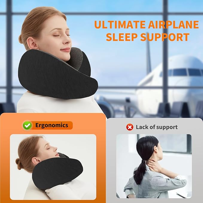 Travel Neck Pillow for Airplane – Memory Foam 360° Support Compact Design Ergonomic Flight Pillow for Sleeping & Neck Support Portable Travel Pillows for Adults, Car, Office Home (Black)