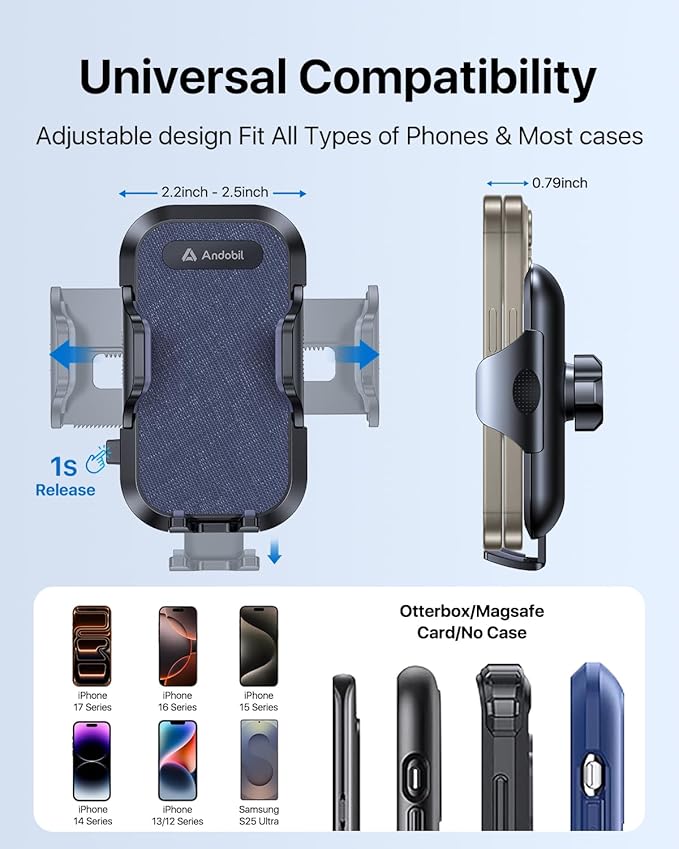 andobil Car Phone Holder Mount (Strong Suction&Bumpy Road Stable) Phone Holders for Your Car, Cell Phone Car Mount for Windshield Dash Vent Truck Cradle Stand for iPhone 17 16 15 14 Pro Max, Blue