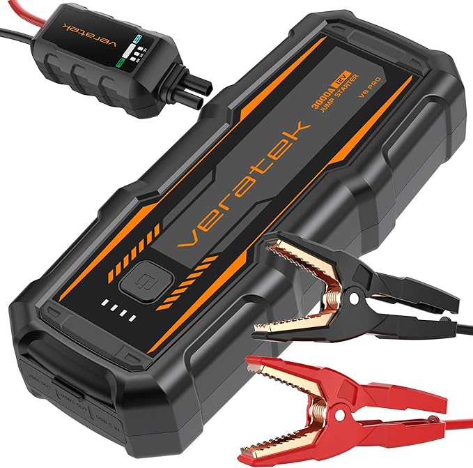 V8 Pro 3000A Car Battery Jump Starter Portable (8.0L Gas & 6.0L Diesel) – 12V Lithium Battery Booster Pack with SmartCharge Safety, Jumper Cables, 20000mAh Power Bank, Jump Box, LED Light