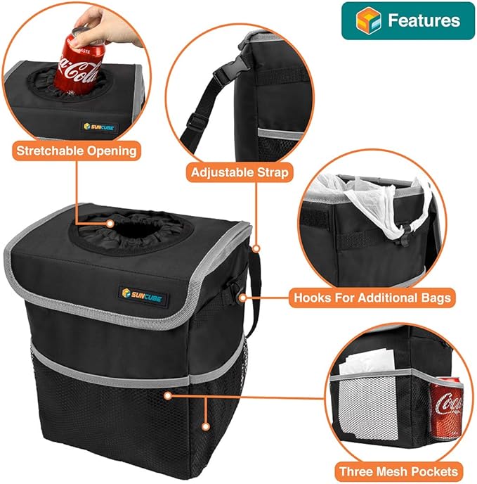 SUN CUBE Waterproof Car Trash Can with Lid, Mesh Pockets | Leakproof Car Garbage Can Hanging | Auto Trash Bin, Garbage Bag Organizer for Headrest, Console, Truck (Black/Gray)