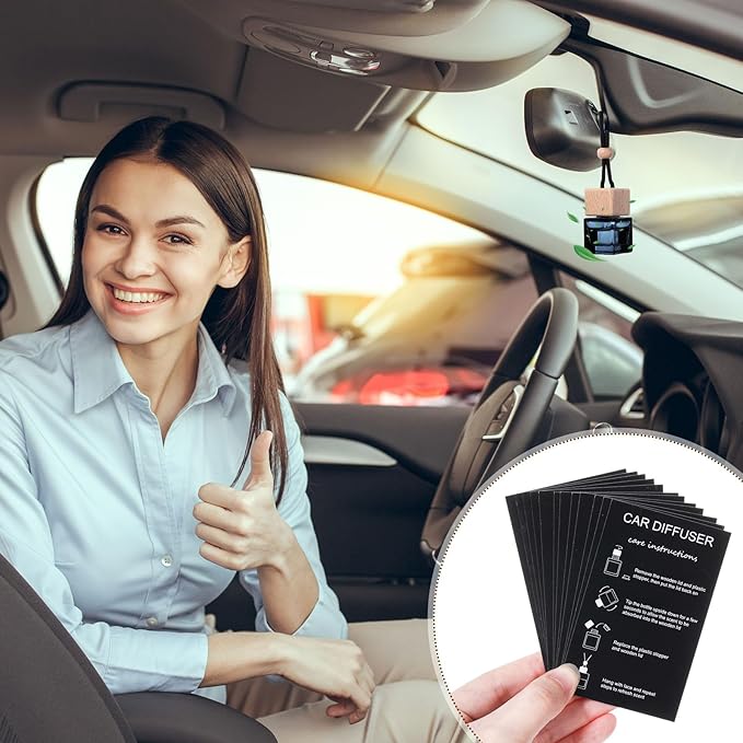 100 Sets Car Diffuser Bottles Empty Bulk Hanging Car Air Freshener Diffuser Bottles Bulk Glass Perfume Holder with Instruction Cards for Essential Oil Fragrance Pendant(Square,Black)