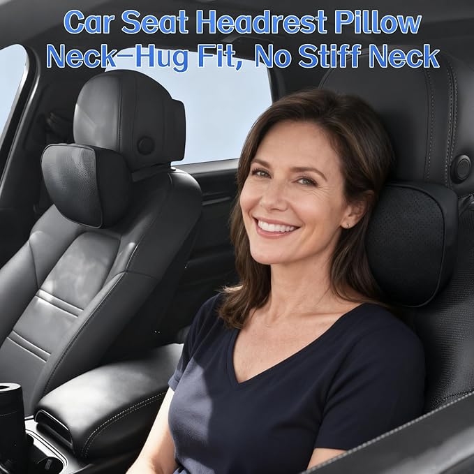 CarCarte Car Headrest Pillow, 2 Pack Car Neck Pillows for Neck Support, Super Soft Ergonomic Du-Pont Bio Cotton Head Rest Pillow for Driving Travel Pillow with Adjustable Strap (Black, Shaped Style)