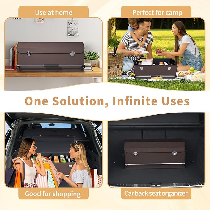 Car Trunk Organizer for SUV Car Trunk Storage Organizer with Lid and Sturdy Handle Collapsible Trunk Organizer for Truck, Sedan, Van (Brown, 27.1 x 11.4 x 12.2in)
