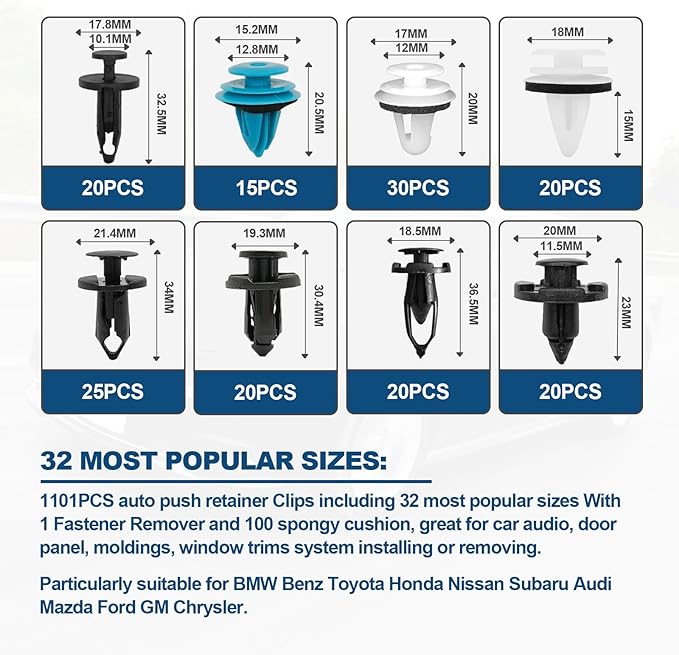 1101PCS Car Door Trim Panel Clips Kit, Car Retainer Clips Auto Push Pin Rivets Set - 32 Most Popular Sizes and 1 Pcs Fastener Remover Remover for GM Ford Mazda Chrysler Benz Subaru Toyota Honda