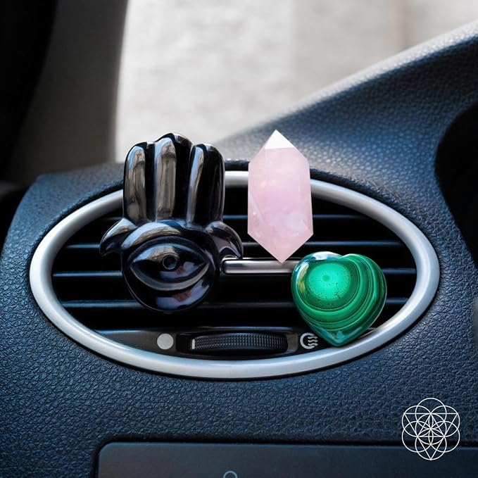 Conscious Items Hamsa Hand of Safe Travels Aromatherapy Crystal Car Kit, Car Vent Clips with Black Obsidian, Rose Quartz, & Green Malachite Crystals for Calm, Protection & Beautiful Drives