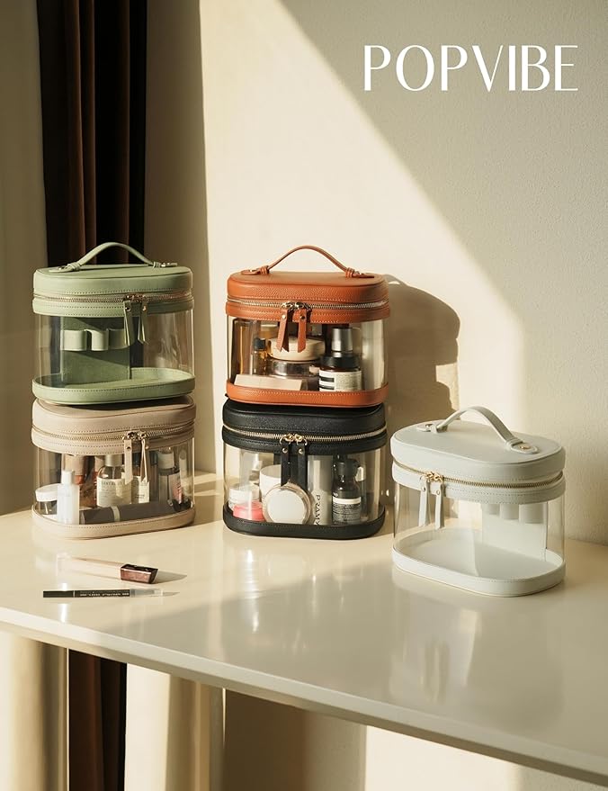 Popvibe Clear Makeup Bag Travel Cosmetic Case Transparent Toiletry Bag with Zipper, Portable Make Up Organizer Traveling Compact Car Bag for Essentials