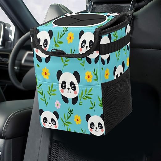 Car Trash Can with Lid, Small Portable Hanging Automotive Garbage Bin for Vehicles, Leakproof Waste Bag Container for SUV Truck Van Interior Auto Travel Road Trips(Panda and Bamboo Leaves)