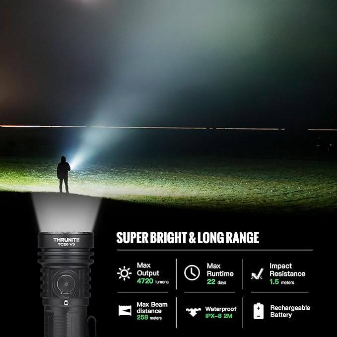 ThruNite TC20 V3 LED Rechargeable Flashlight, 4720 High Lumens Super Bright Powerful Handheld Light, USB-C Charging Tactical Flash Light with Battery, Water Resistant Torch for Camping, and Emergency