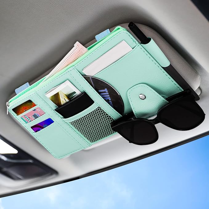 Car Sun Visor Organizer, Leather Pocket Organizer Sunglass Holder for Car Interior Accessories with Multi-Pocket Net Zipper (Blue)