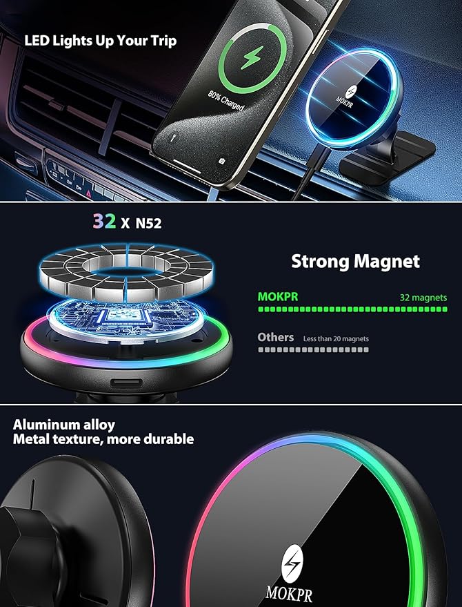 MOKPR for Magsafe Car Mount Charger-15W Wireless Car Charger-Magnetic Car Phone Holder for Dash Air Vent-LED RGB HandsFree Car Mount Fast Car Charger for iPhone 14/13/12 Series