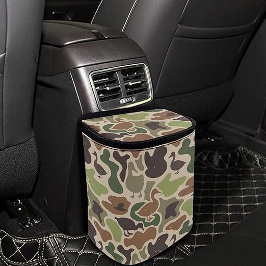 Duck Camouflage Car Trash Can with Adjustable Straps Car Trash Bin Auto Garbage Bag Multipurpose Storage Box for Vehicle Travel Camping Picnicing, Green