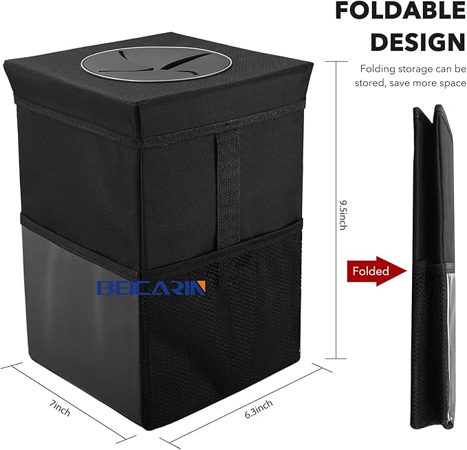 Beicarin Car Trash Can with Lid - Car Trash Bag Hanging with Storage Pockets Collapsible and Portable Car Garbage Bin, Leak-Proof Car Organizer, 1.82 Gallons Multipurpose Trash Bin for Car