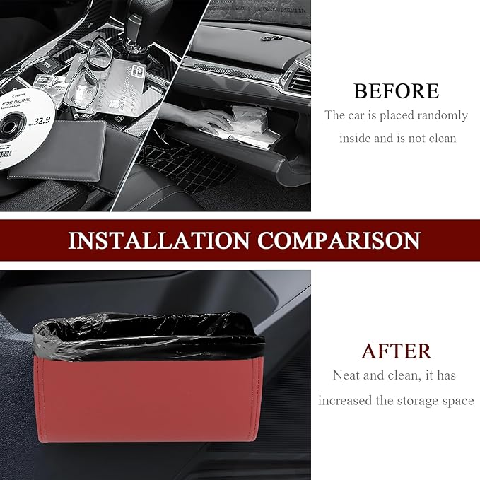 Hovom Car Trash Can, Leather Waterproof Automotive Garbage Can with Trash Bag, Hanging Mini Vehicle Trash Bin, Small Auto Door Organizer Storage Pouch, Universal Car Accessories (Wine Red)