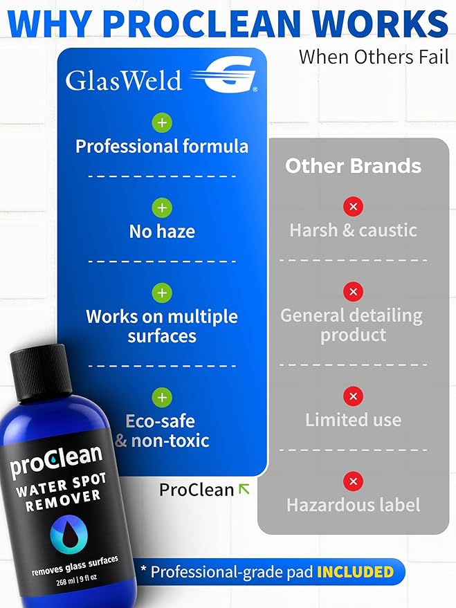 GlasWeld ProClean Hard Water Stain Remover for Glass & Metal – Non-Acid Mineral Deposit & Water Spot Remover for Cars & Shower Glass Cleaner - Removes Hard Spots from Windows – with Applicator Pad