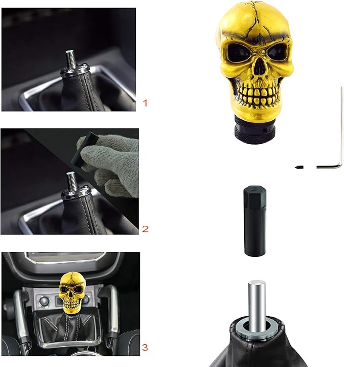 Lunsom Skull Gear Stick Shifter Knob, Resin Gear Shift Head Shifting Stick Handle Car Transmission Fit Automatic Manual Vehicle (Gold)