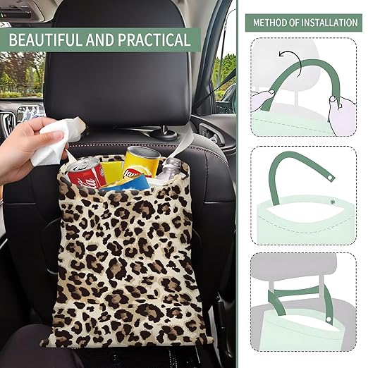 Cute Car Trash Can, Hanging Canvas Car Back Seat Organizer and Storage Bag, Funny Car Trash Bag For Travelling, Outdoor Classic Leopard Print