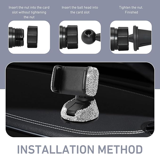 Car Phone Holder, Bling Rhinestone-encrusted Anti-shake Stand with Adjustable Clamp, 360°Rotate Navigation Mount, Universal Interior Accessory for Windshield Dashboard and Air Outlet (White)